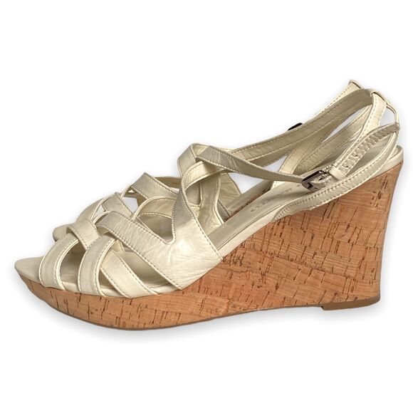 Franco Sarto Womens Cork Wedge Leather Sandals Strappy Heels Ivory Size 10M - Picture 3 of 5